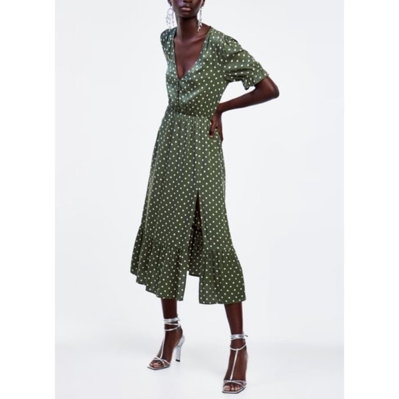 Zara Olive Green polka dot midi dress with v-neck and side slit - Picture 2 of 7